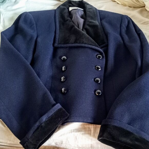 Albert Nipon Navy Blue Double Breasted Velvet Trim Wool Jacket - Picture 3 of 5